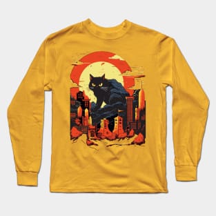 Japanese Sunset Giant Black Cat CatZilla Long Sleeve T-Shirt